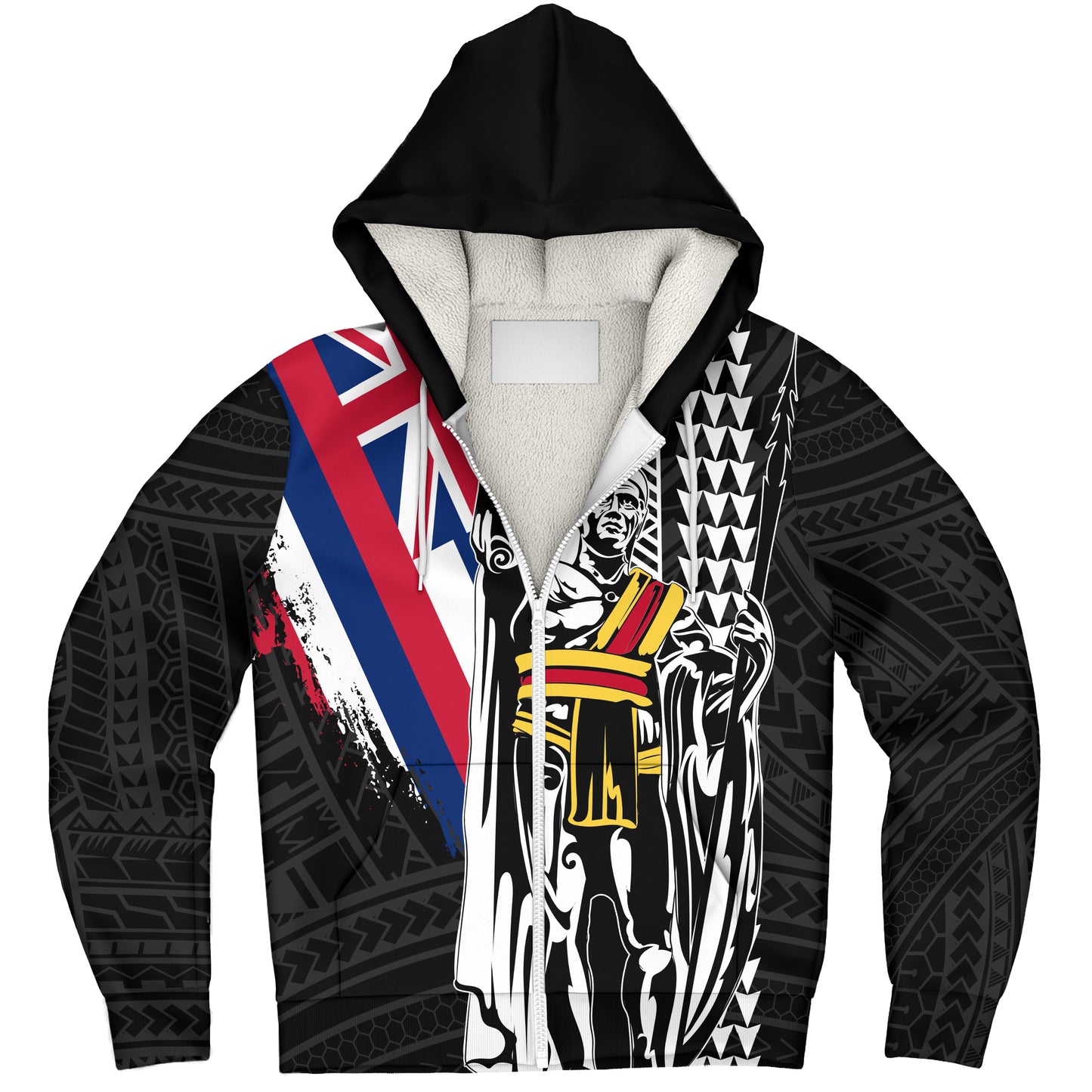 Hawaii Sherpa Hoodie King Kamehameha I Kakau Flag Grunge