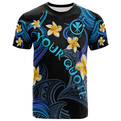 Personalized Kanaka Maoli T-shirt - Hawaii Polynesian Waves with Plumeria Flowers (Blue)