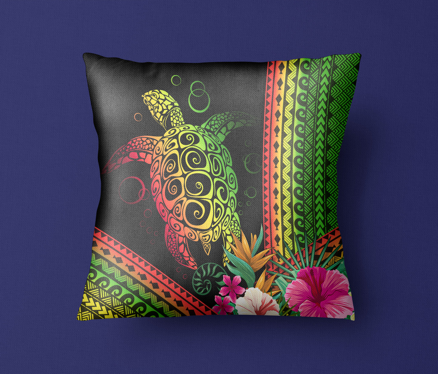 Hawaii Pillow Cover Turtle Polynesian Pattern Reggae Color