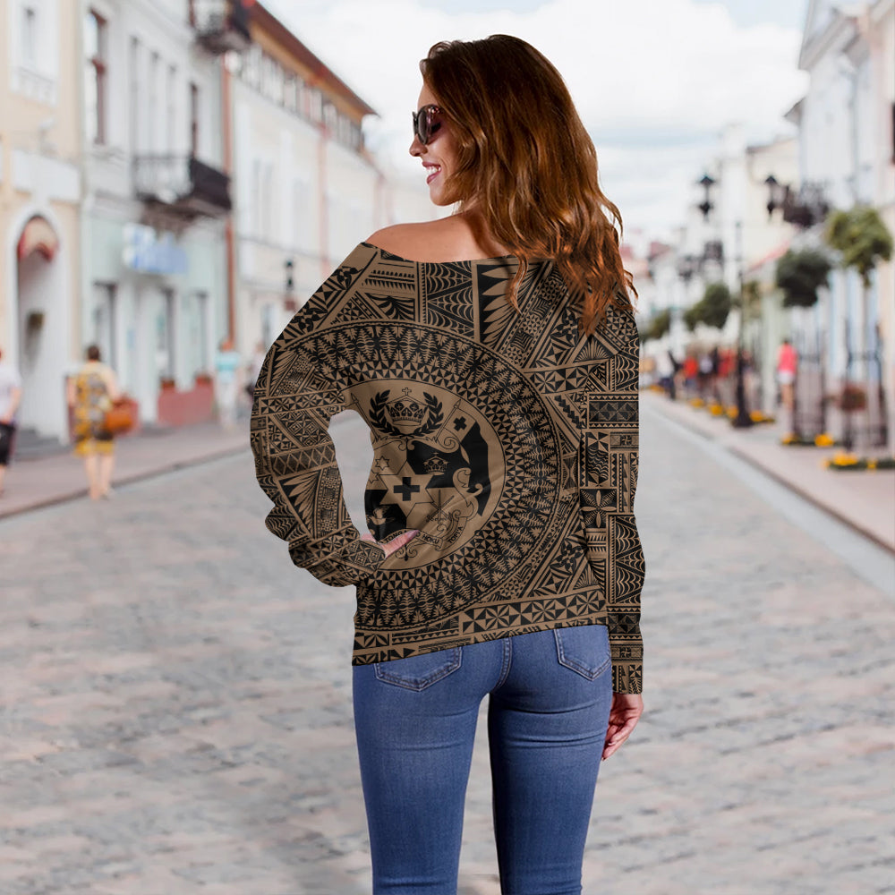 Tonga Off Shoulder Sweatshirt Royal Seal Tribal Pattern