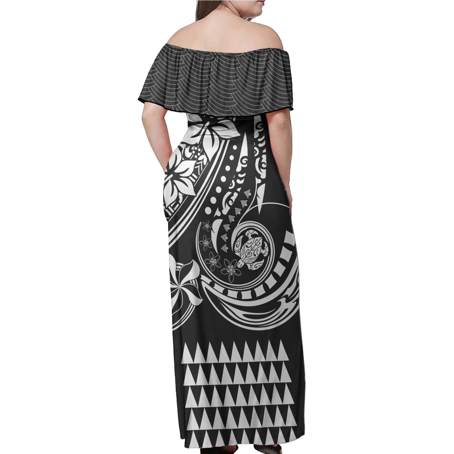 Polynesian Hawaiian Women Off Shoulder Long Dress - The Flow Of Ocean White