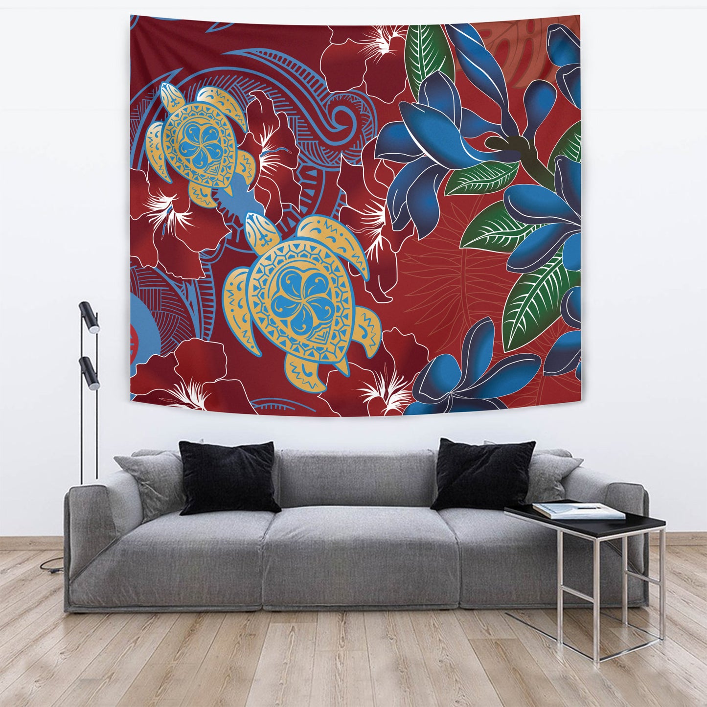Hawaii Tapestry Polynesian Cultures Turtle Couple Tropical Flowers Red Color