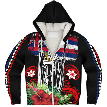 Hawaii Sherpa Hoodie King Kamehameha I Tribal Flag Tropical Style