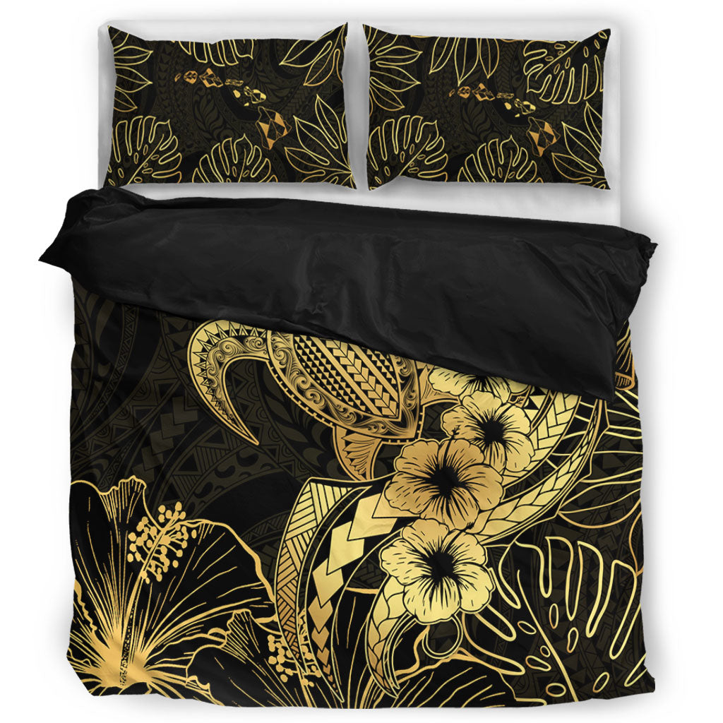 Hawaii Bedding Set Tribal Polynesia Floral Gold Art