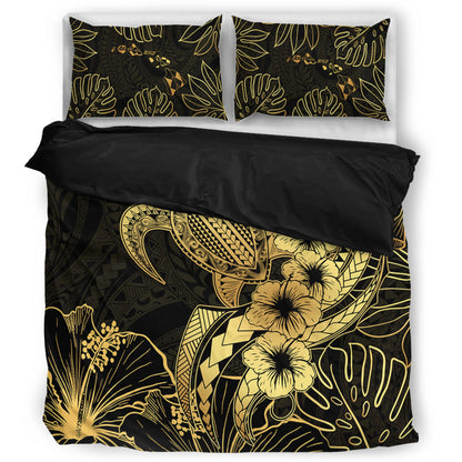 Hawaii Bedding Set Tribal Polynesia Floral Gold Art