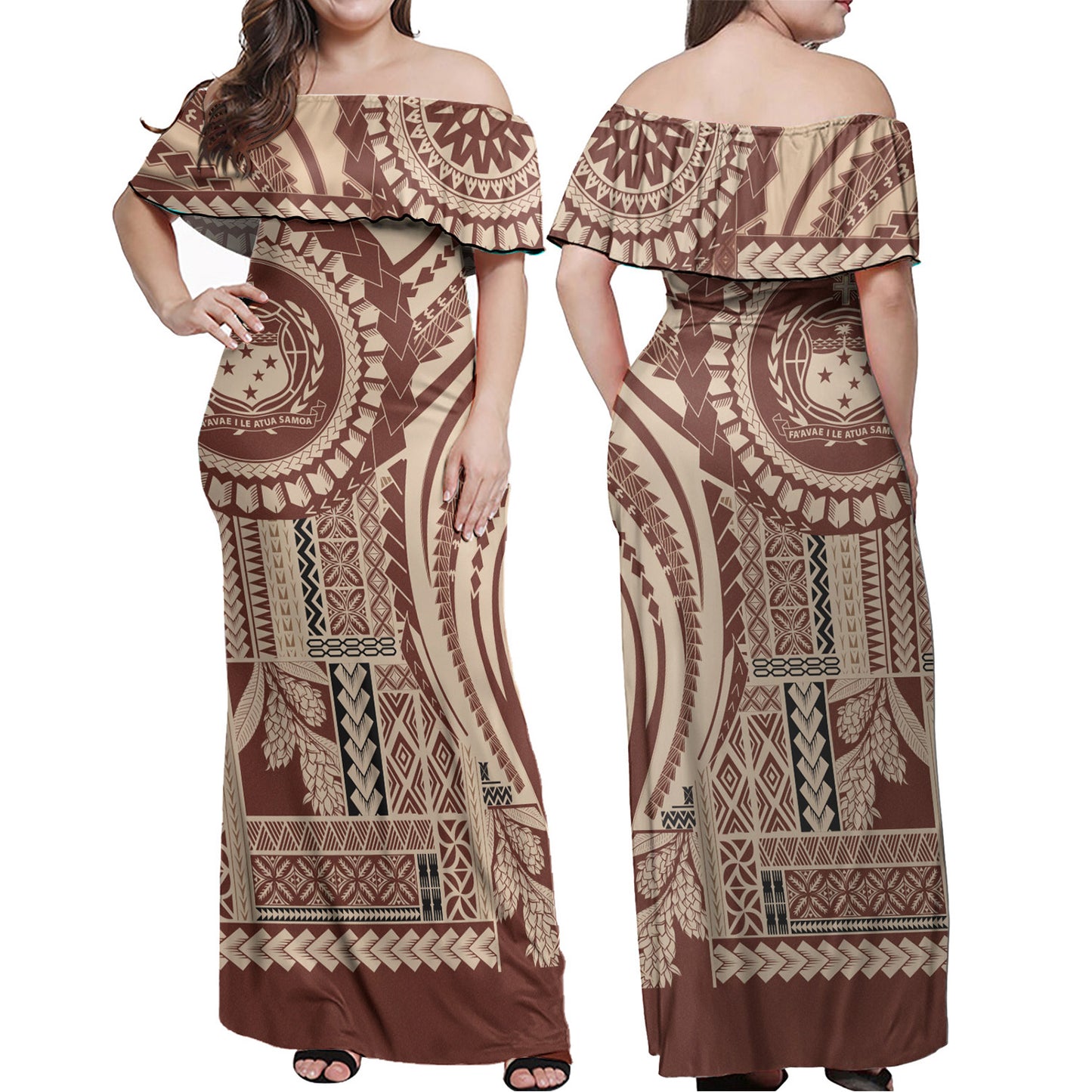 Samoa Combo Off Shoulder Long Dress And Shirt Seal Samoan Siapo Brown Design