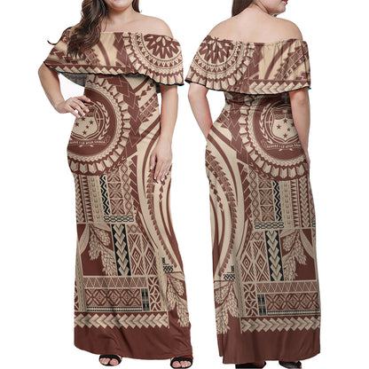 Samoa Combo Off Shoulder Long Dress And Shirt Seal Samoan Siapo Brown Design