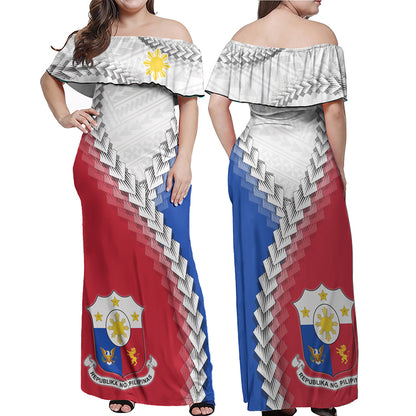 Philippines Filipinos Off Shoulder Long Dress Filipino Coat Of Arms With Tribal Patterns Flag Style