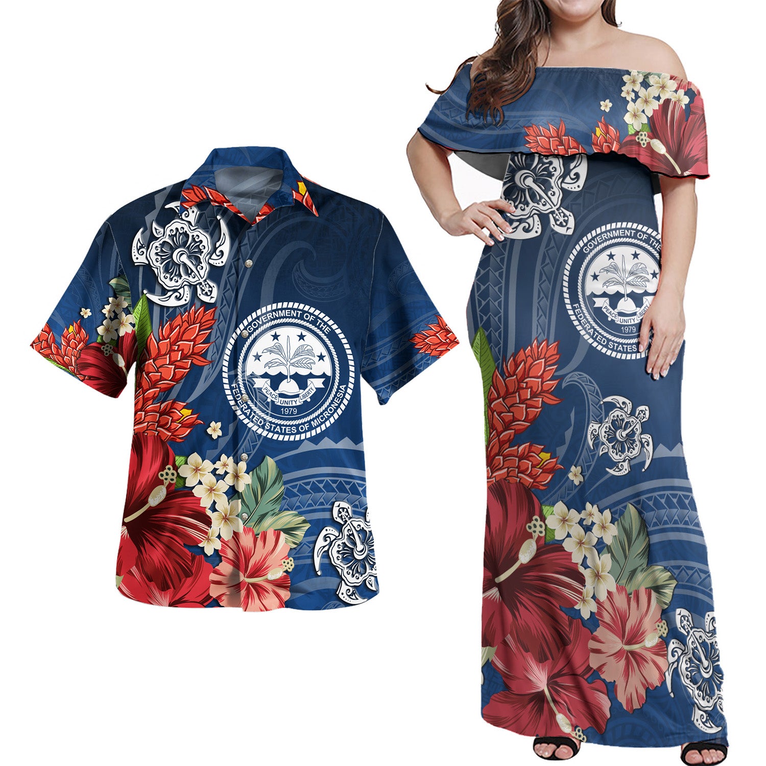 Federated States Of Micronesia Combo Off Shoulder Long Dress And Shirt  Flower And Turtle