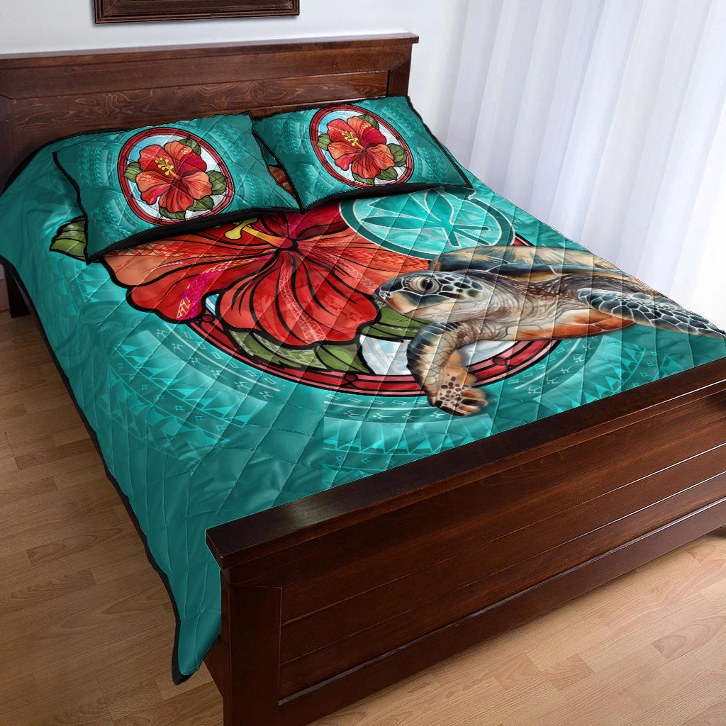 Hawaii Quilt Bed Set Hawaiian Map Turtle Hibiscus Flowers Polynesian Patterns Style