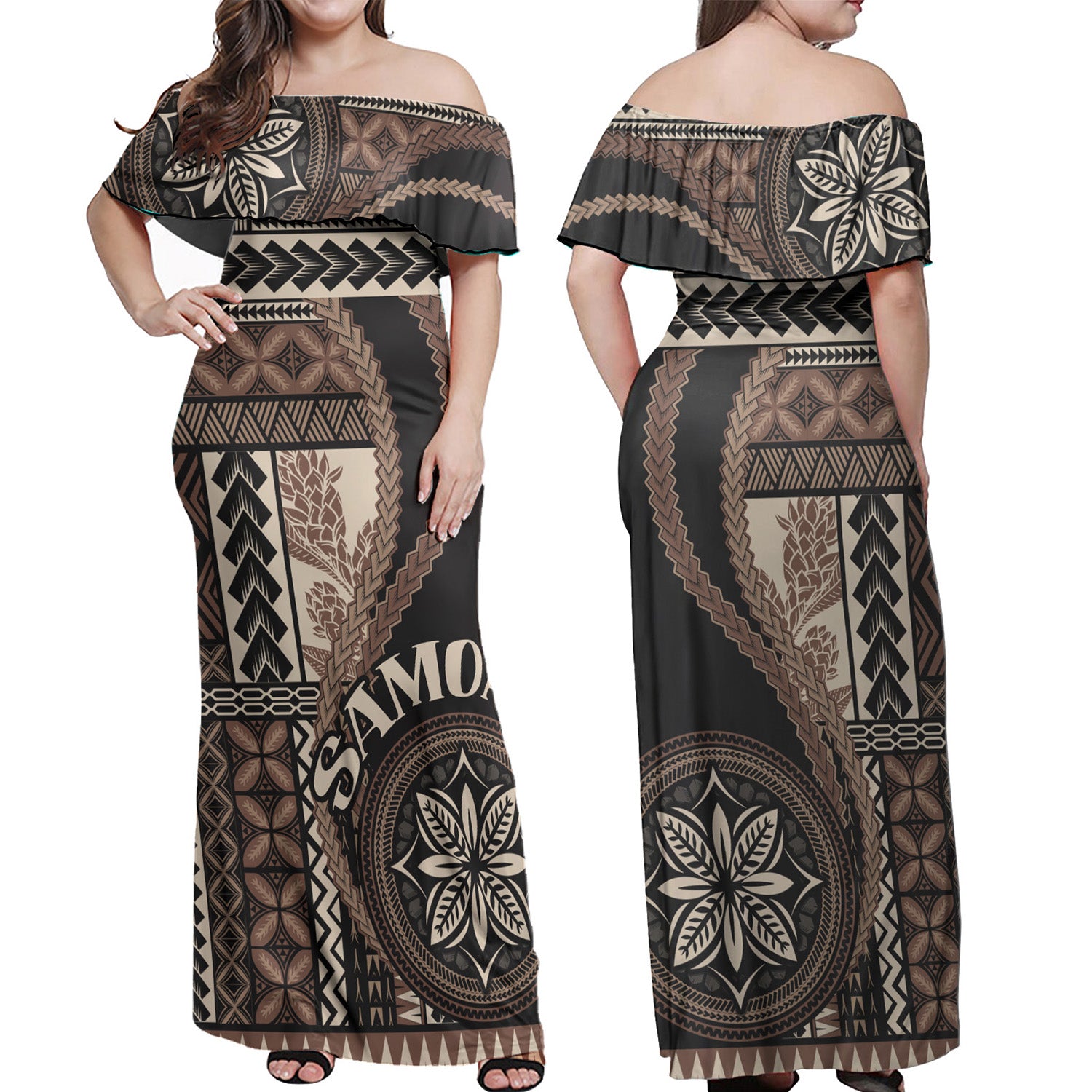 Samoa Off Shoulder Long Dress Samoan Siapo Motif Classic Style