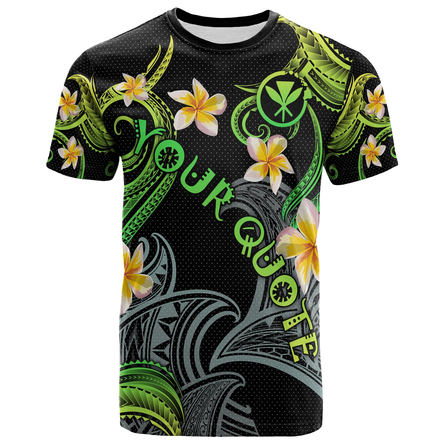 Personalized Kanaka Maoli T-shirt - Hawaii Polynesian Waves with Plumeria Flowers  (Green)