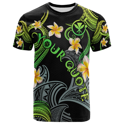 Personalized Kanaka Maoli T-shirt - Hawaii Polynesian Waves with Plumeria Flowers  (Green)