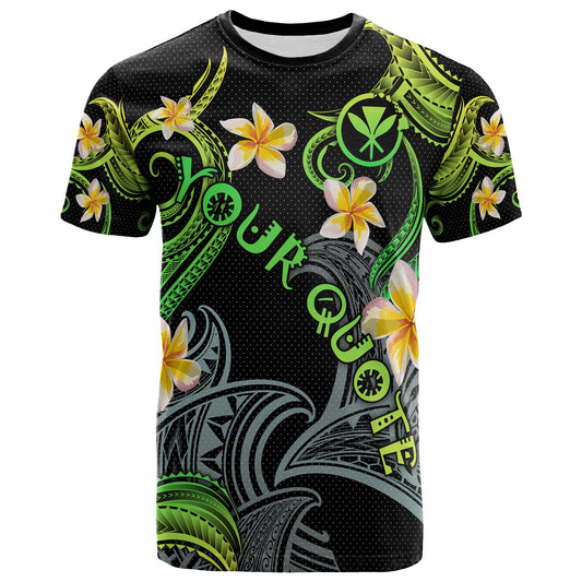 Personalized Kanaka Maoli T-shirt - Hawaii Polynesian Waves with Plumeria Flowers  (Green)