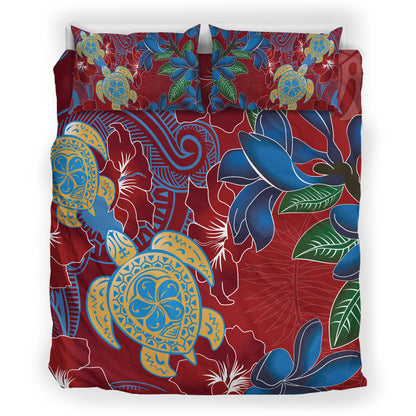Hawaii Bedding Set Polynesian Cultures Turtle Couple Tropical Flowers Red Color