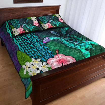 Hawaii Quilt Bed Set Sea Turtle Abstract Background With Tropical Flowers Hibiscus And Plumeria