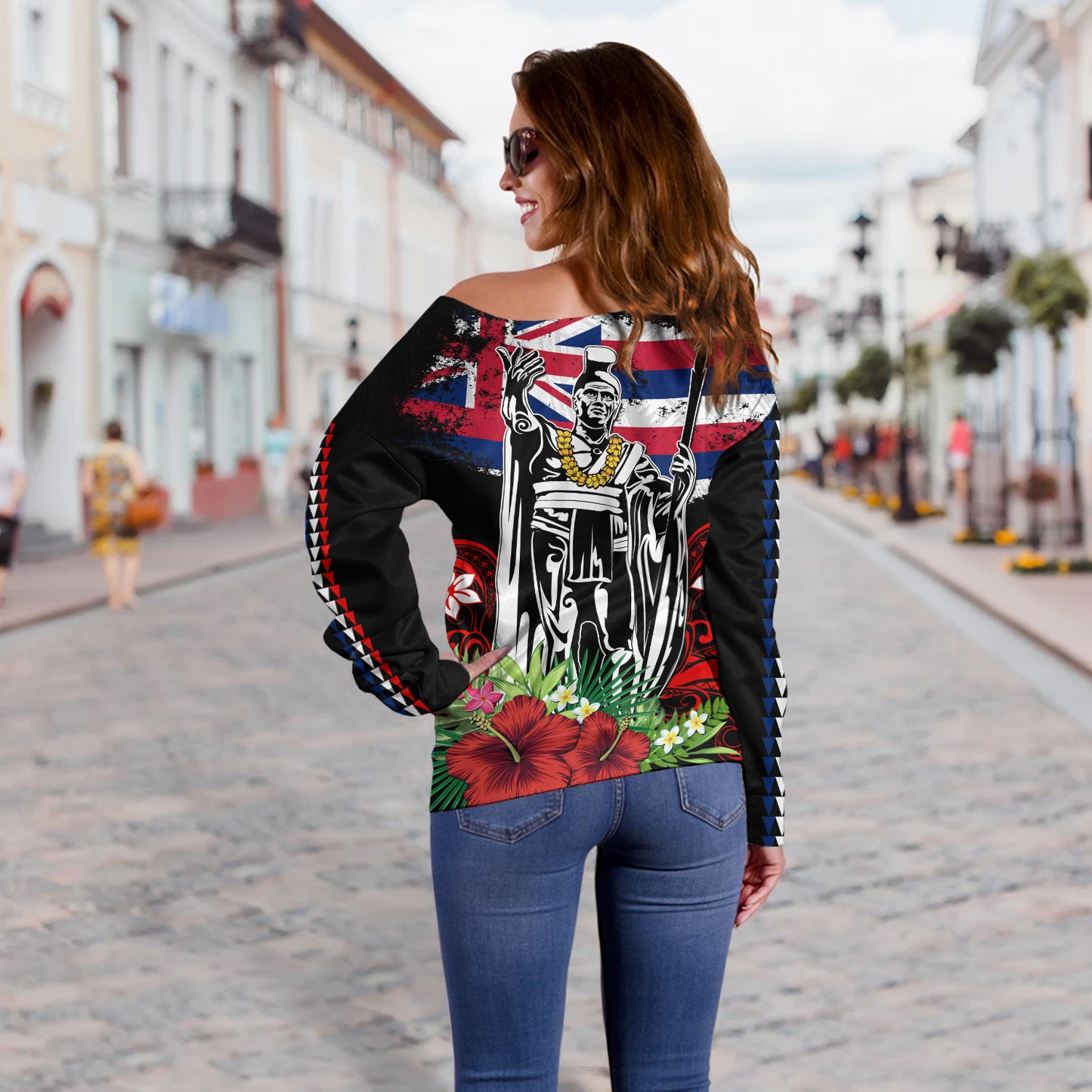 Hawaii Off Shoulder Sweatshirt King Kamehameha I Tribal Flag Tropical Style