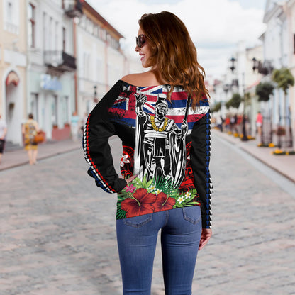 Hawaii Off Shoulder Sweatshirt King Kamehameha I Tribal Flag Tropical Style