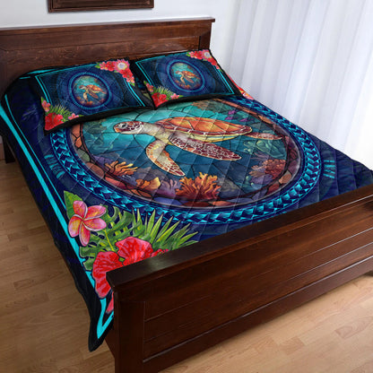 Hawaii Quilt Bed Set Polynesian Patterns Turtle Mascot WaterColor Style