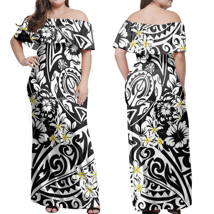 Polynesian Combo Off Shoulder Long Dress And Shirt - Tropical Tribal Turtle With Fish Hook Pure Black