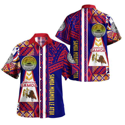 American Samoa Polynesian Short Sleeve Shirt - Custom Samoa Muamua Le Atua With Seal And Mamanu Siapo Patterns