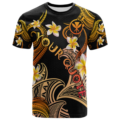 Personalized Kanaka Maoli T-shirt - Hawaii Polynesian Waves with Plumeria Flowers (Orange)