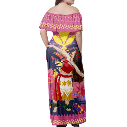 Hawaii Off Shoulder Long Dress Aloha Hula Girl Dancing In Tropical Palm Trees At Sunset Kakau Style
