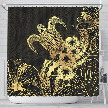 Hawaii Shower Curtain Tribal Polynesia Floral Gold Art