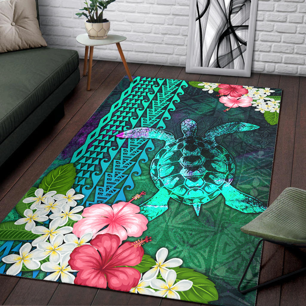 Hawaii Area Rug Sea Turtle Abstract Background With Tropical Flowers Hibiscus And Plumeria