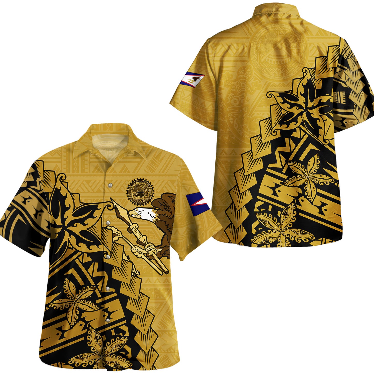 American Samoa Combo Dress And Shirt - AS Bald Eagle With Plumeria Tropical Vintage Tribal Gold