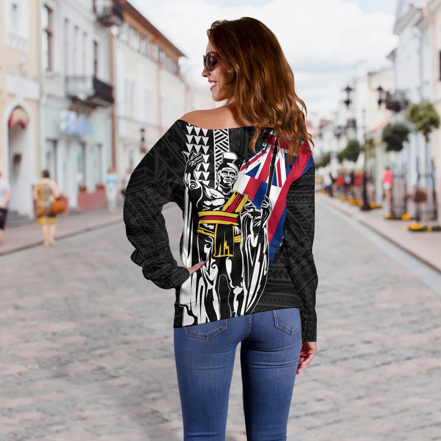 Hawaii Off Shoulder Sweatshirt King Kamehameha I Kakau Flag Grunge