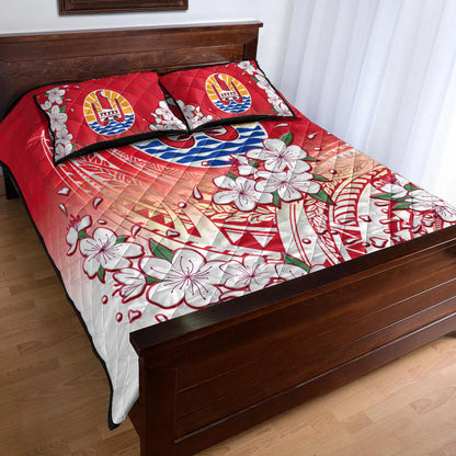 Tahiti Quilt Bed Set Polynesian Pattern Style White Flowers