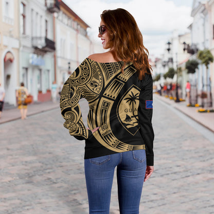 Guam Off Shoulder Sweatshirt Polynesia Tribal Spirits Of Guam Seal
