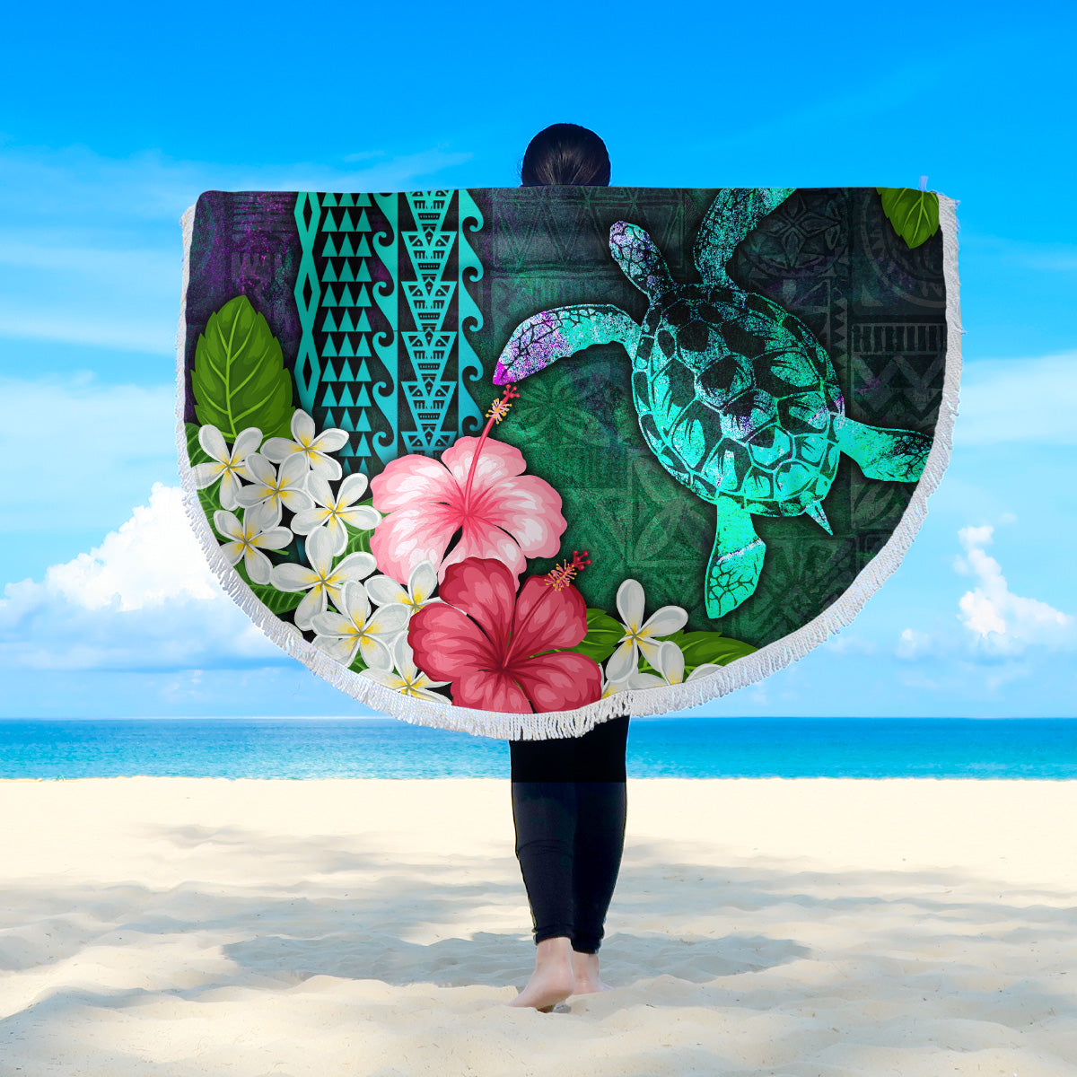 Hawaii Beach Blanket Sea Turtle Abstract Background With Tropical Flowers Hibiscus And Plumeria