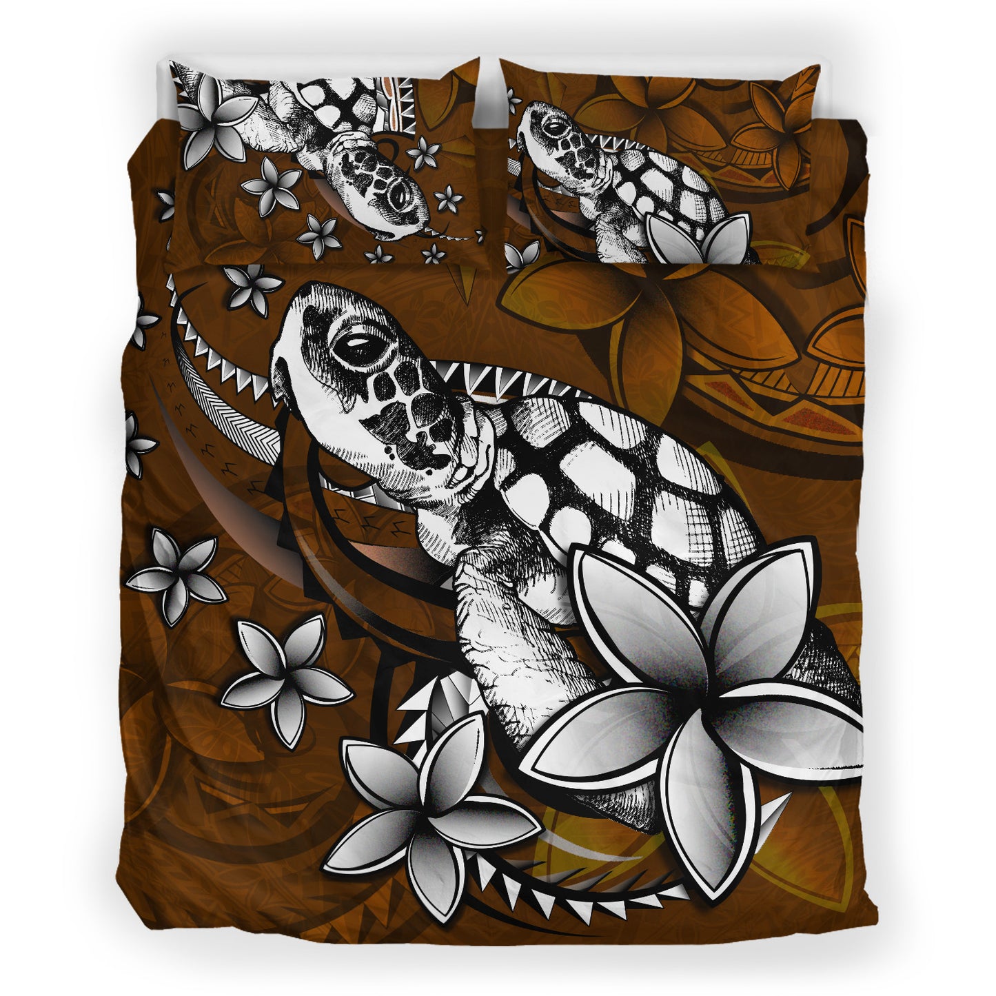 Hawaii Bedding Set Sea Turtle With Plumeria Polynesian Patterns Retro Style
