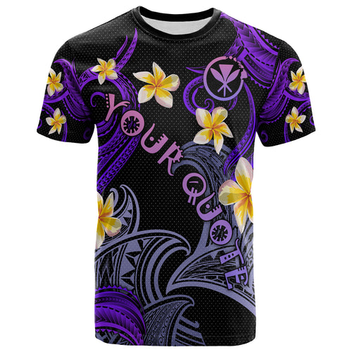 Personalized Kanaka Maoli T-shirt - Hawaii Polynesian Waves with Plumeria Flowers (Purple)