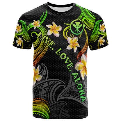 Personalized Kanaka Maoli T-shirt - Hawaii Polynesian Waves with Plumeria Flowers (Reggae)