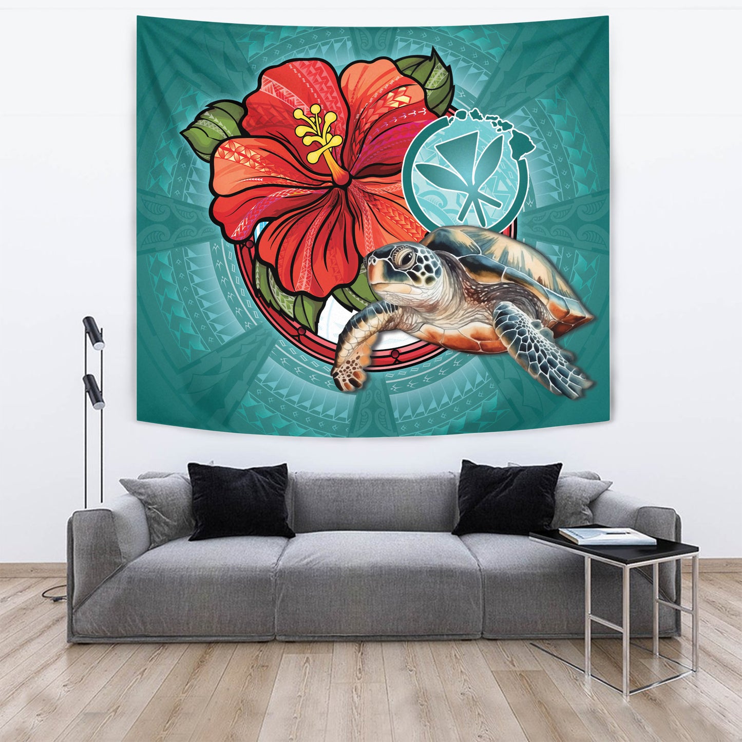Hawaii Tapestry Hawaiian Map Turtle Hibiscus Flowers Polynesian Patterns Style