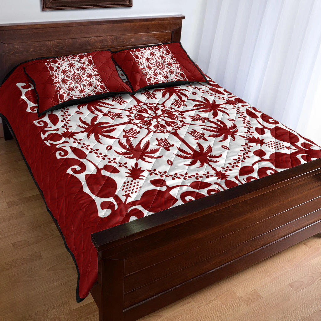 Hawaii Quilt Bed Set Red Hawaii Pattern Palm Trees and Turtles Polynesian