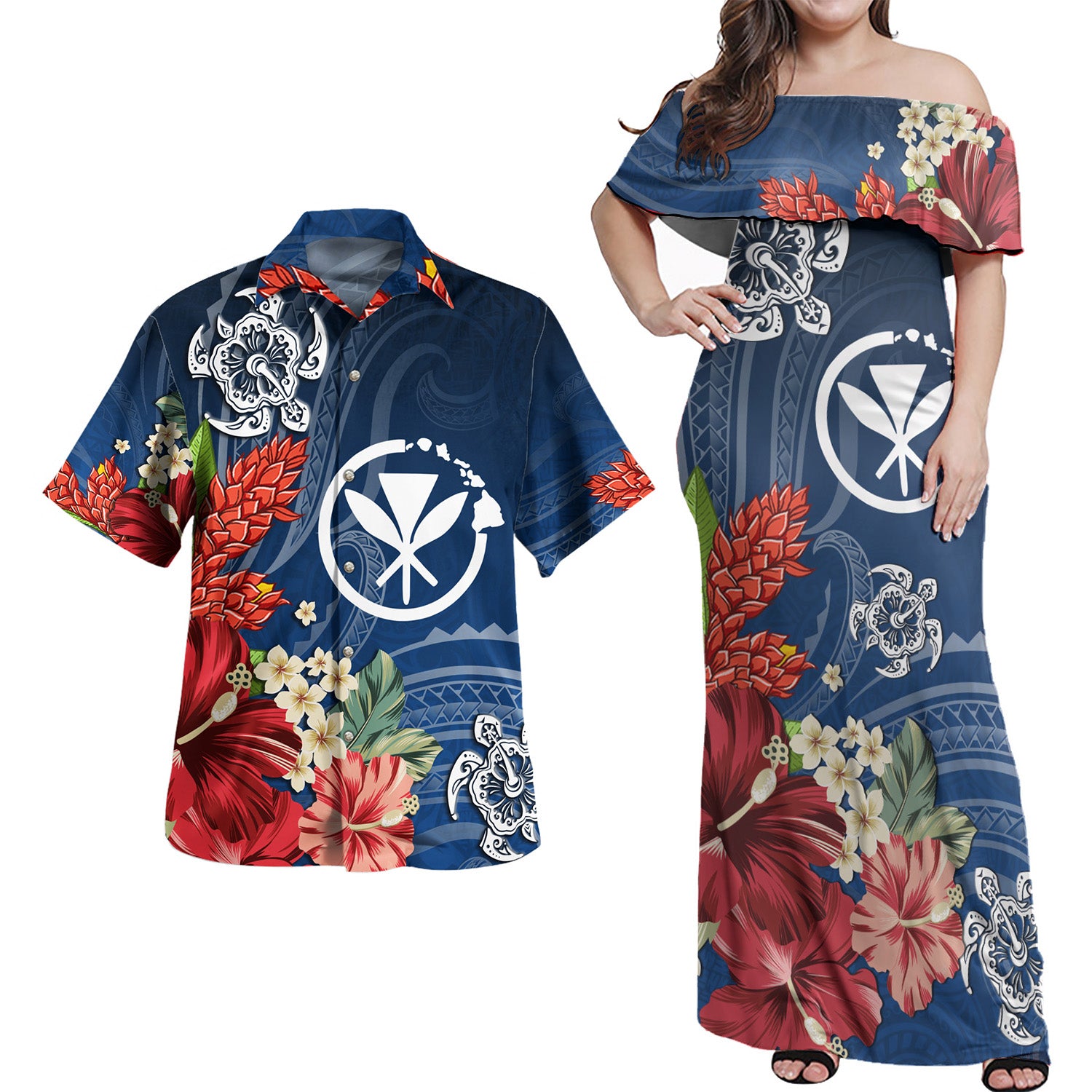 Hawaii Kanaka Maoli Combo Off Shoulder Long Dress And Shirt  Flower And Turtle