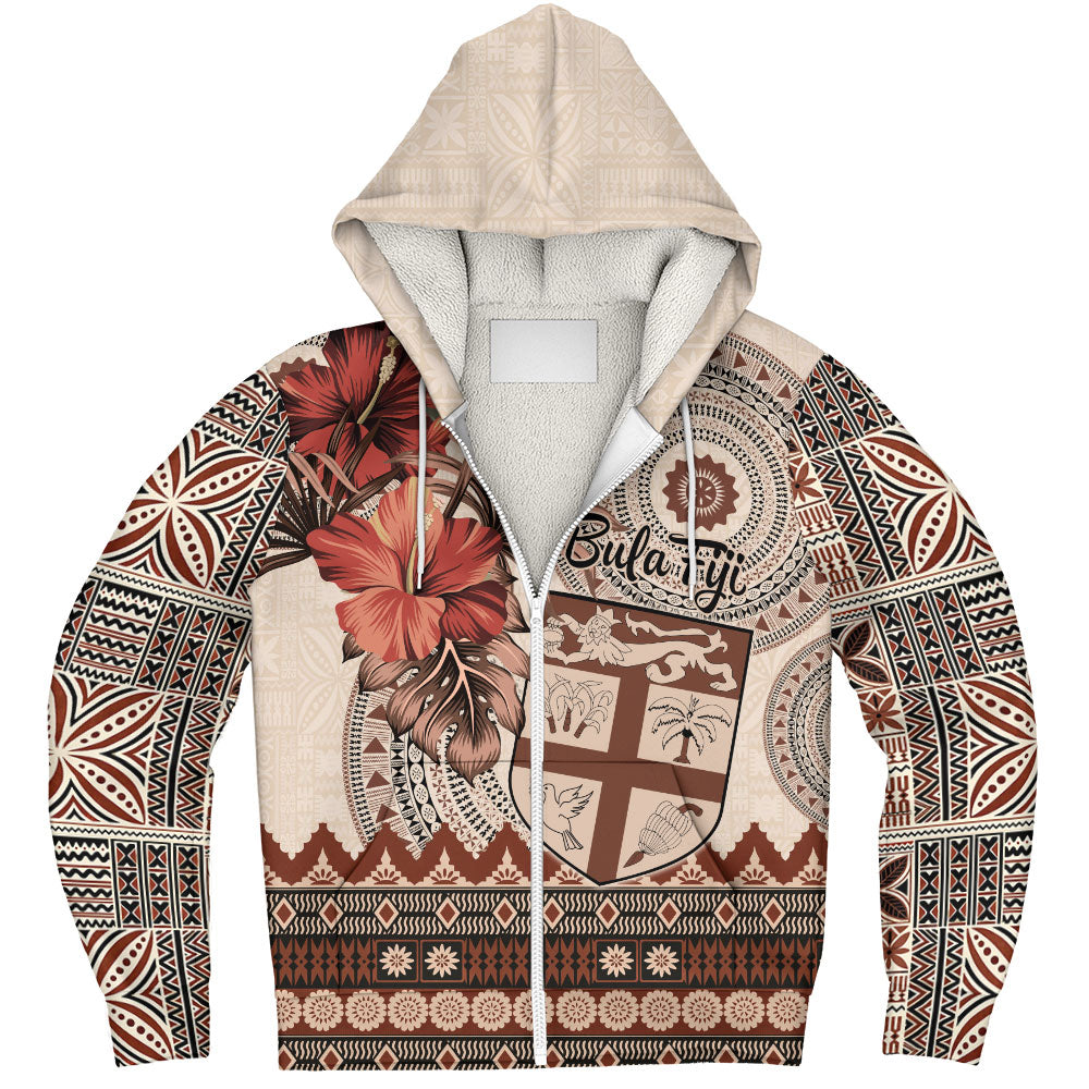 Fiji Sherpa Hoodie Bula Tribal Print Beige