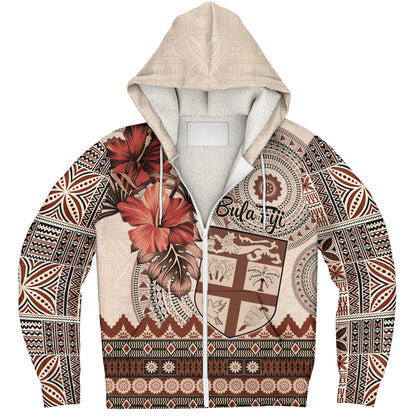 Fiji Sherpa Hoodie Bula Tribal Print Beige