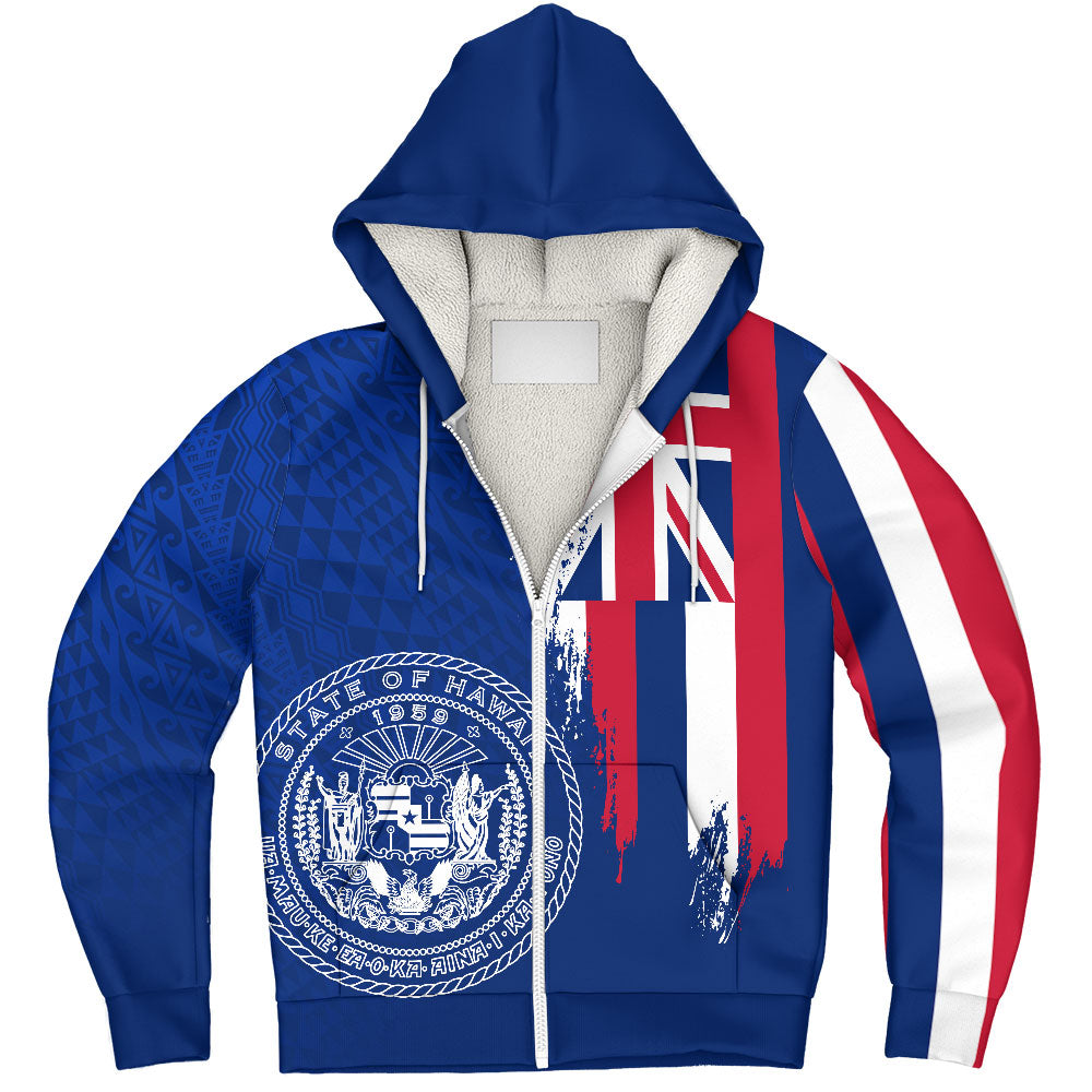 Hawaii Sherpa Hoodie Flag Polynesian Style Ocean Blue
