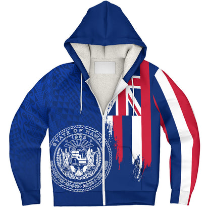 Hawaii Sherpa Hoodie Flag Polynesian Style Ocean Blue