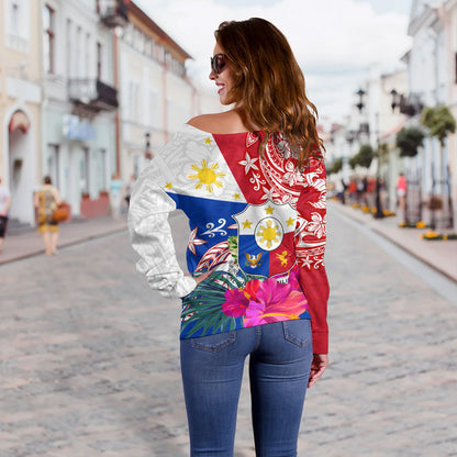 Philippines Filipinos Off Shoulder Sweatshirt Flag Tribal Tropical Style