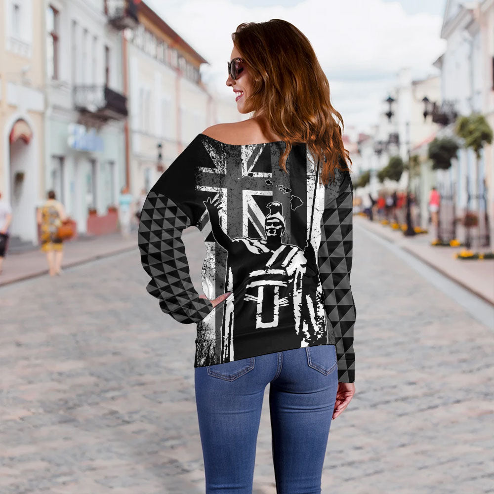 Hawaii Off Shoulder Sweatshirt King Kamehameha Flag Tribal Pride Black White