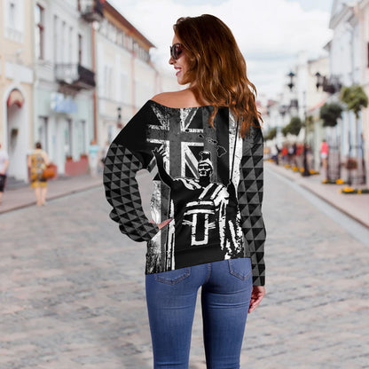 Hawaii Off Shoulder Sweatshirt King Kamehameha Flag Tribal Pride Black White