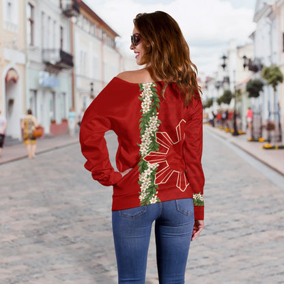 Philippines Filipinos Off Shoulder Sweatshirt Sampaguita Flower Sun Pattern Island Style