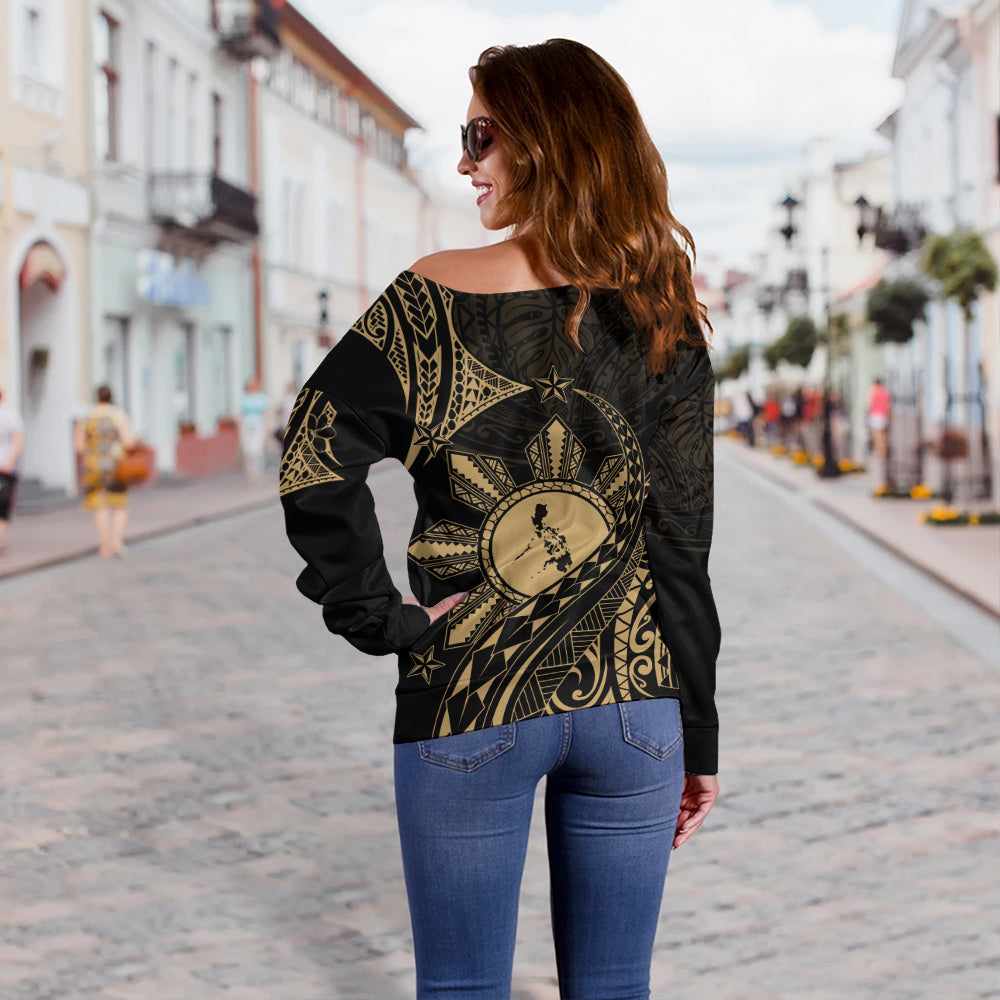 Philippines Filipinos Off Shoulder Sweatshirt Filipino Polynesia Star With Tribal Design