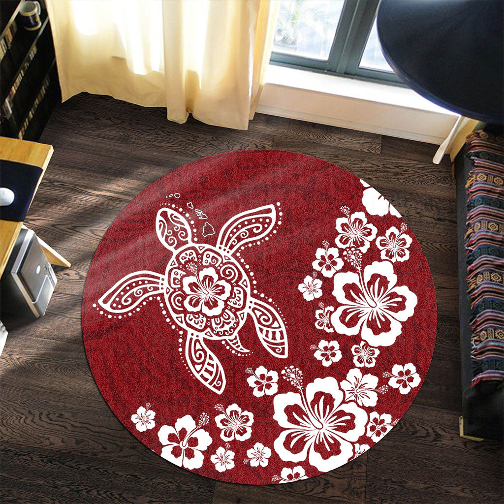 Hawaii Round Rug Tribal Hibiscus Flower Graphic Turtle Tatoo